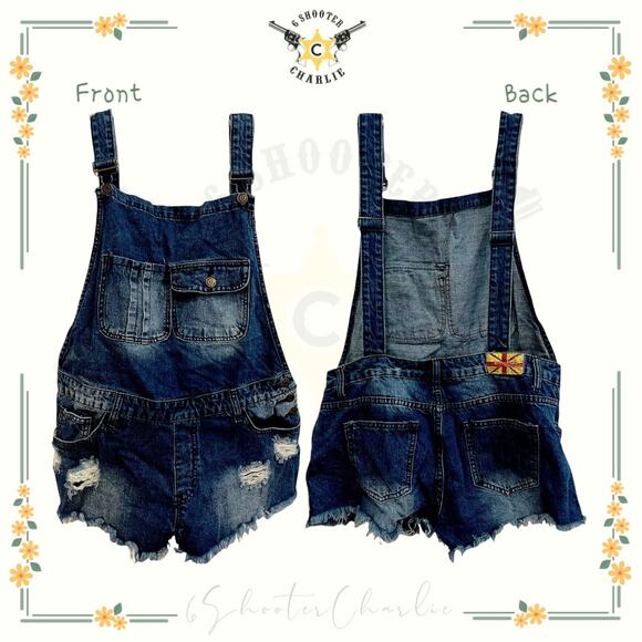 Women's Machine Jeans Size 30 Blue Denim Overalls Distressed Destroyed Fringe - Picture 1 of 3